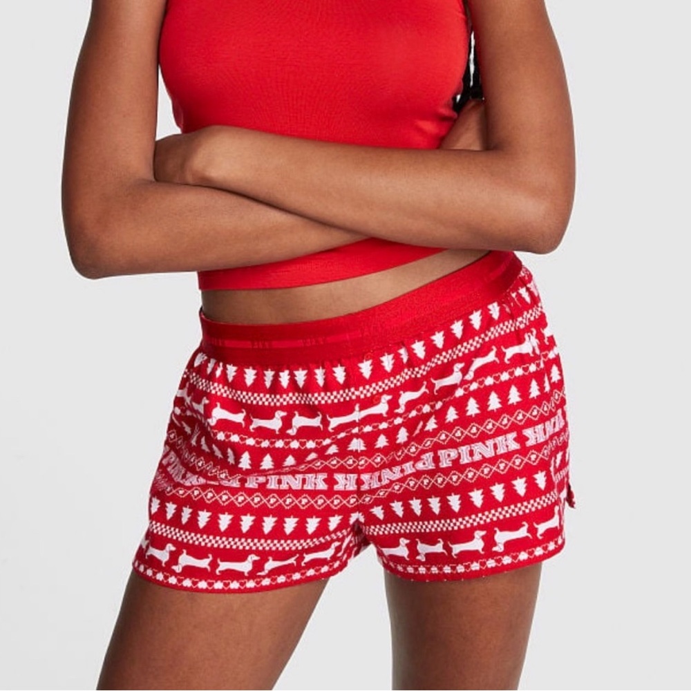 Victoria’s Secret PINK Flannel Relaxed Pajama Sleep Boxy Short Red Christmas